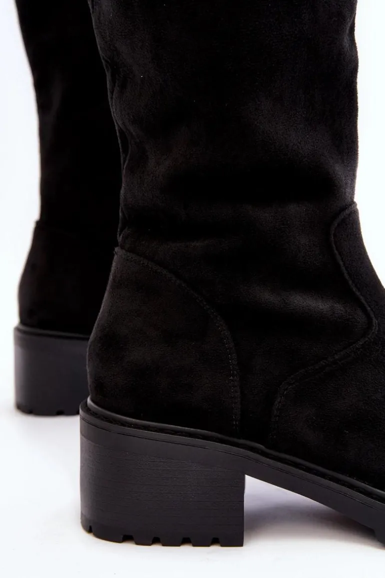 Zamszowe Kozaki Damskie Na Płaskim Obcasie Czarne Saranai