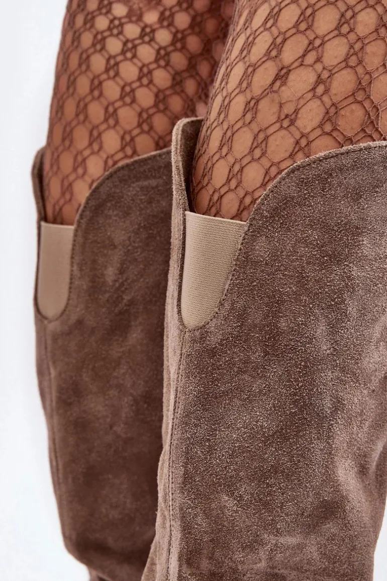 Zamszowe Kozaki Damskie Na Słupku Ciemnobeżowe Lewski 3371