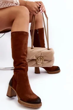 Zamszowe Kozaki Damskie Na Słupku Przed Kolano Lemar Ciemnobrązowe Ceraxa