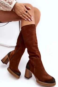 Zamszowe Kozaki Damskie Na Słupku Przed Kolano Lemar Ciemnobrązowe Ceraxa