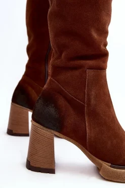 Zamszowe Kozaki Damskie Na Słupku Przed Kolano Lemar Ciemnobrązowe Ceraxa