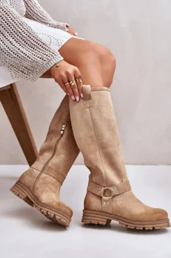 Zamszowe Kozaki Damskie Przed Kolano Lewski 3615 Beżowe
