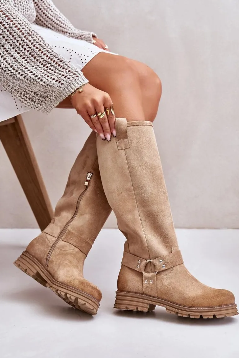 Zamszowe Kozaki Damskie Przed Kolano Lewski 3615 Beżowe