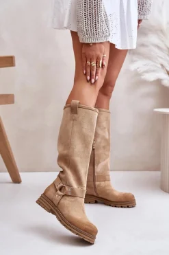 Zamszowe Kozaki Damskie Przed Kolano Lewski 3615 Beżowe