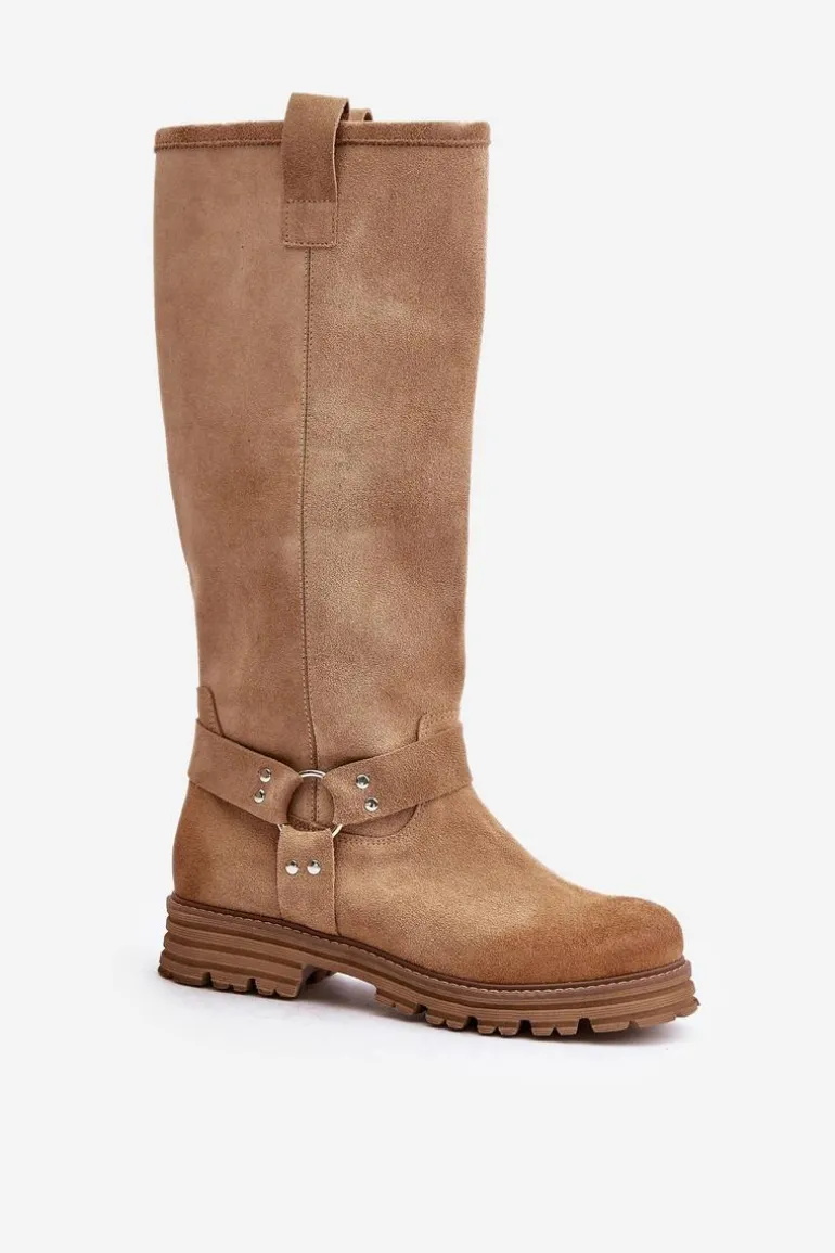 Zamszowe Kozaki Damskie Przed Kolano Lewski 3615 Beżowe