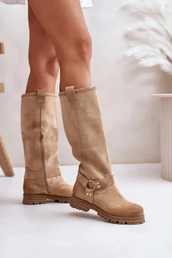 Zamszowe Kozaki Damskie Przed Kolano Lewski 3615 Beżowe