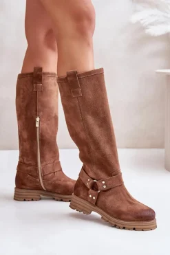 Zamszowe Kozaki Damskie Przed Kolano Lewski 3615 Brązowe
