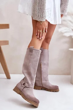 Zamszowe Kozaki Damskie Przed Kolano Lewski 3615 Cappucino