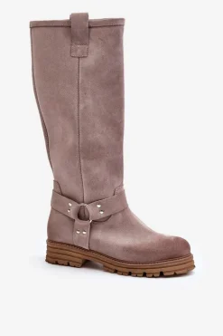 Zamszowe Kozaki Damskie Przed Kolano Lewski 3615 Cappucino