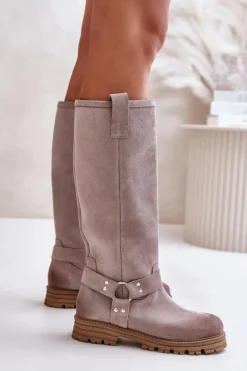 Zamszowe Kozaki Damskie Przed Kolano Lewski 3615 Cappucino