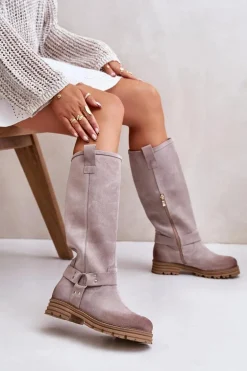 Zamszowe Kozaki Damskie Przed Kolano Lewski 3615 Cappucino