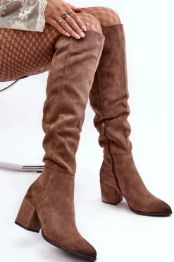 Zamszowe Kozaki Damskie Za Kolano Beżowe Favana