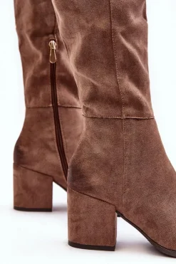 Zamszowe Kozaki Damskie Za Kolano Beżowe Favana