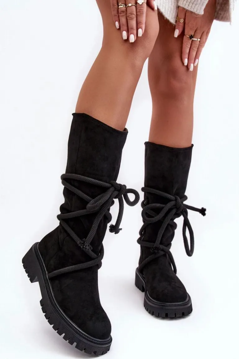 Zamszowe Kozaki Damskie Z Wiązaniem Czarne Tanive