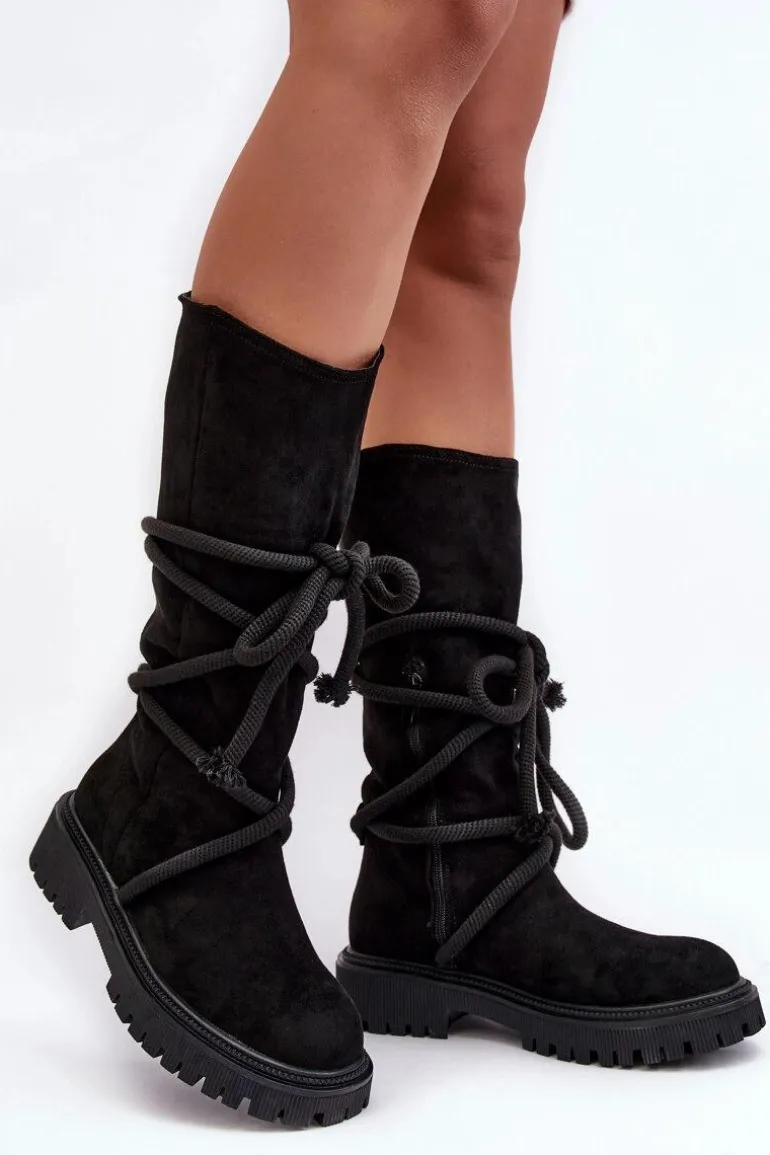 Zamszowe Kozaki Damskie Z Wiązaniem Czarne Tanive