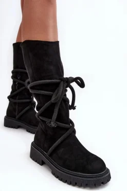 Zamszowe Kozaki Damskie Z Wiązaniem Czarne Tanive