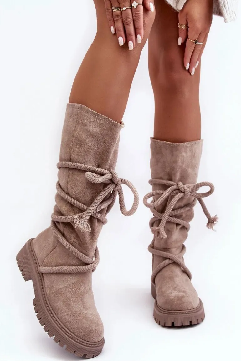 Zamszowe Kozaki Damskie Z Wiązaniem Beżowe Tanive