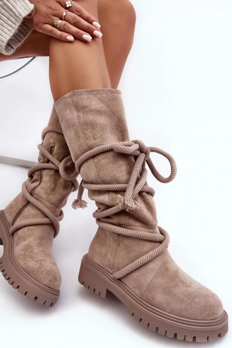 Zamszowe Kozaki Damskie Z Wiązaniem Beżowe Tanive