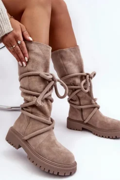 Zamszowe Kozaki Damskie Z Wiązaniem Beżowe Tanive