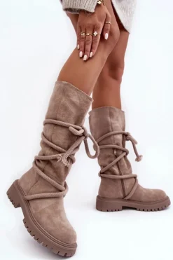 Zamszowe Kozaki Damskie Z Wiązaniem Beżowe Tanive