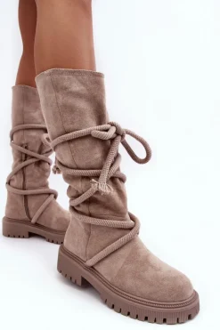 Zamszowe Kozaki Damskie Z Wiązaniem Beżowe Tanive