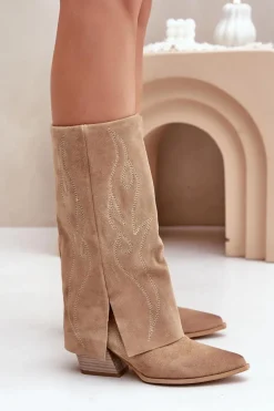Zamszowe Kozaki Do Połowy Łydki Z Wywiniętą Cholewką Na Słupku Beżowe Zazoo 3487