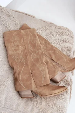 Zamszowe Kozaki Do Połowy Łydki Z Wywiniętą Cholewką Na Słupku Beżowe Zazoo 3487