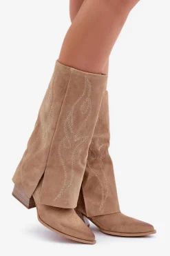 Zamszowe Kozaki Do Połowy Łydki Z Wywiniętą Cholewką Na Słupku Beżowe Zazoo 3487