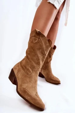 Zamszowe Kozaki Kowbojki Lewski Shoes 3198 Beżowe