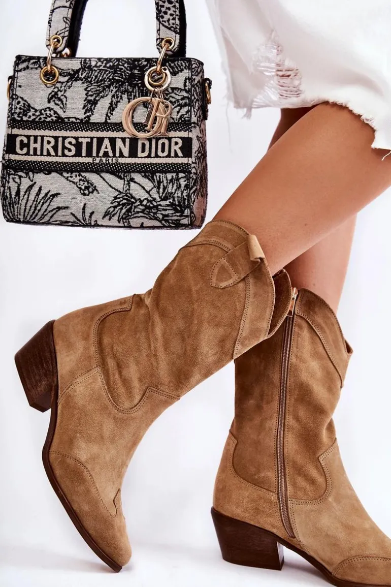 Zamszowe Kozaki Kowbojki Lewski Shoes 3198 Beżowe