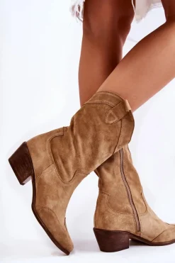 Zamszowe Kozaki Kowbojki Lewski Shoes 3198 Beżowe