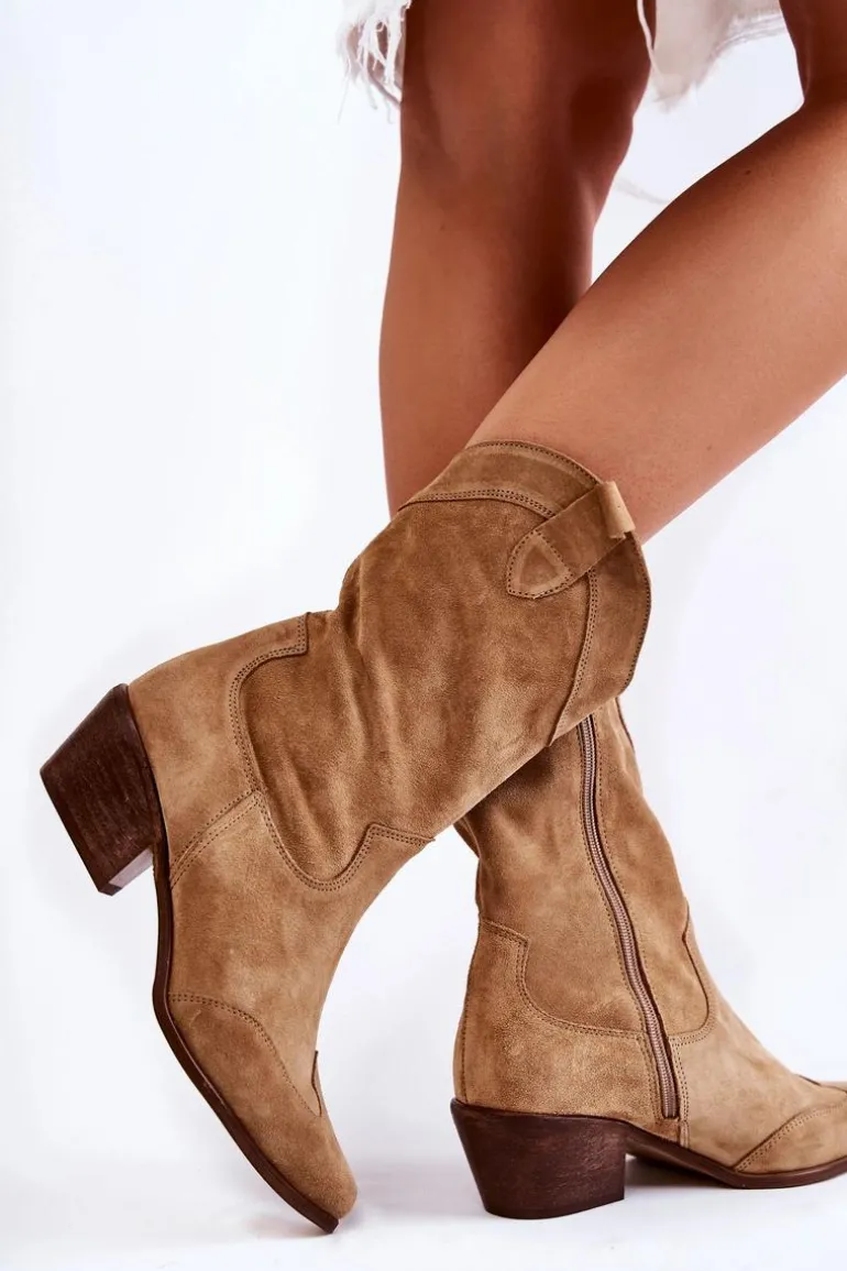 Zamszowe Kozaki Kowbojki Lewski Shoes 3198 Beżowe