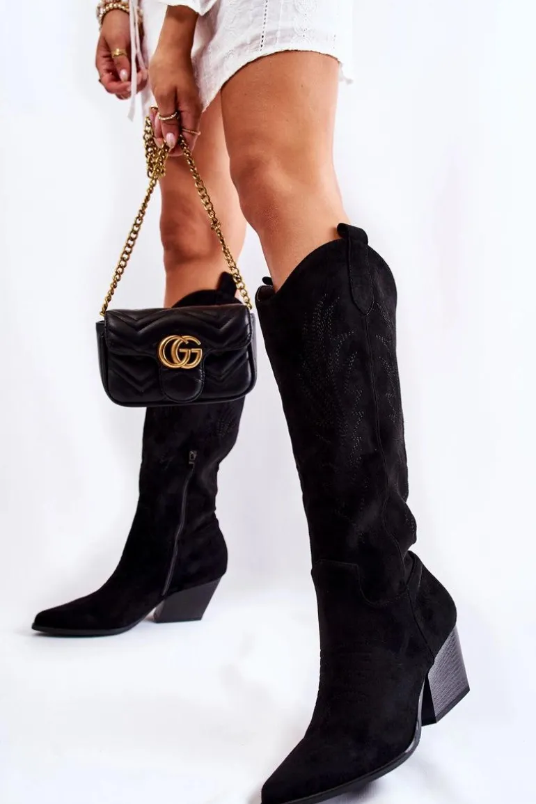 Zamszowe Kozaki Kowbojki Z Przeszyciami Czarne Beverly