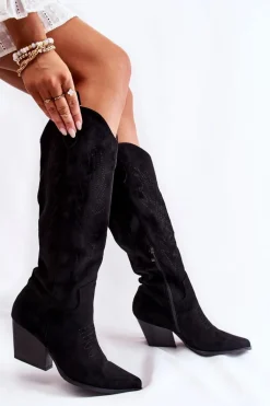 Zamszowe Kozaki Kowbojki Z Przeszyciami Czarne Beverly