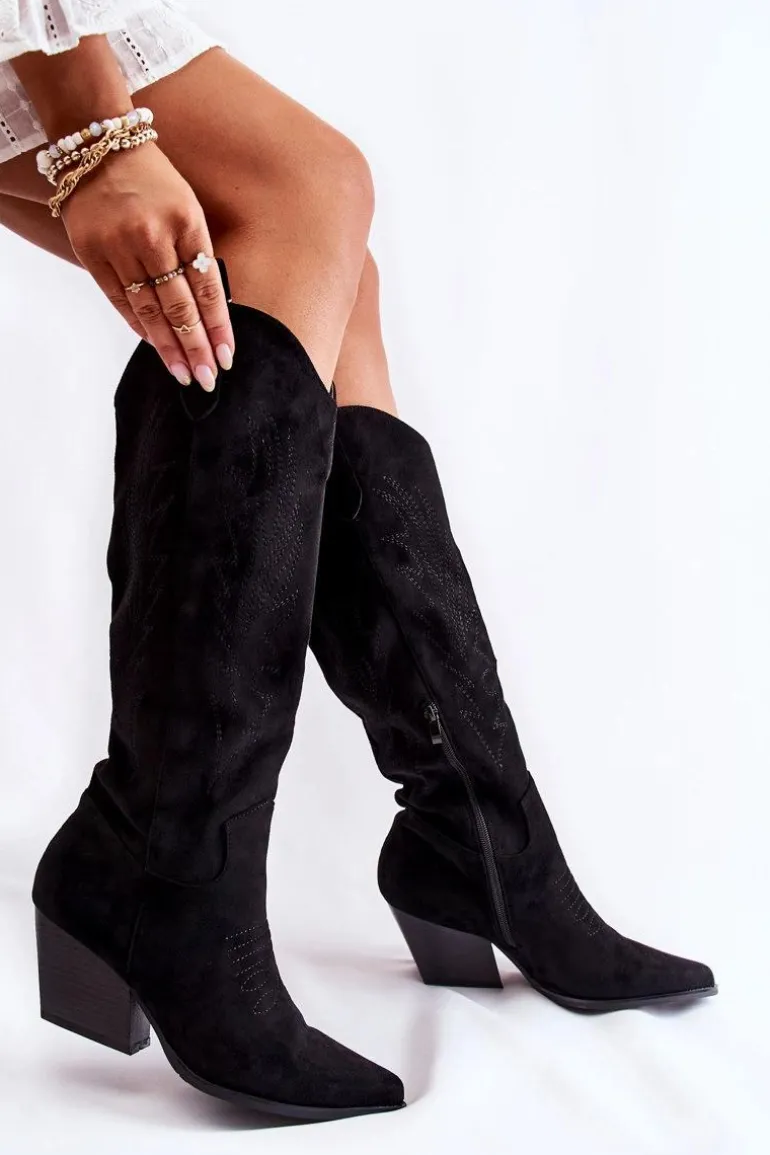 Zamszowe Kozaki Kowbojki Z Przeszyciami Czarne Beverly