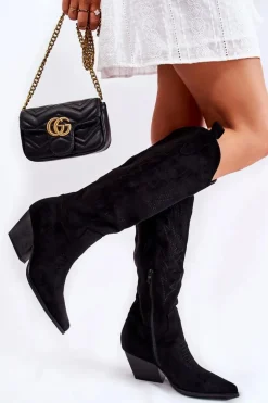 Zamszowe Kozaki Kowbojki Z Przeszyciami Czarne Beverly