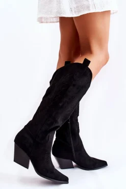 Zamszowe Kozaki Kowbojki Z Przeszyciami Czarne Beverly