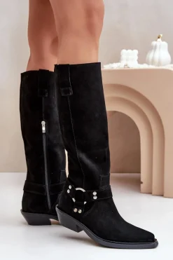 Zamszowe Kozaki Kowbojki Na Niskim Obcasie Z Ozdobą Zazoo 3656 Czarne