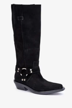 Zamszowe Kozaki Kowbojki Na Niskim Obcasie Z Ozdobą Zazoo 3656 Czarne