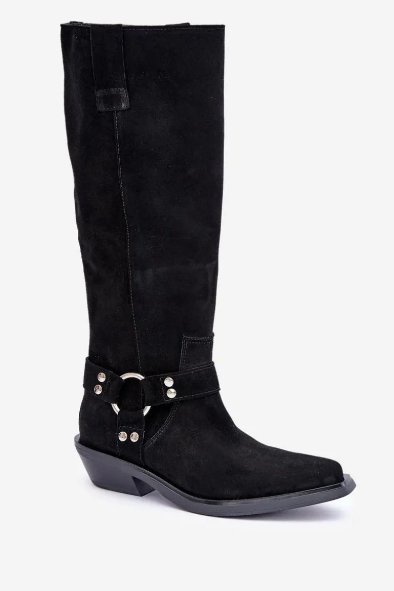 Zamszowe Kozaki Kowbojki Na Niskim Obcasie Z Ozdobą Zazoo 3656 Czarne