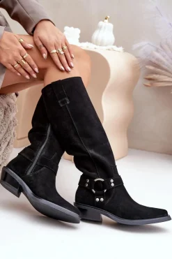 Zamszowe Kozaki Kowbojki Na Niskim Obcasie Z Ozdobą Zazoo 3656 Czarne