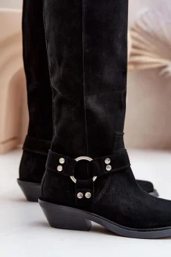 Zamszowe Kozaki Kowbojki Na Niskim Obcasie Z Ozdobą Zazoo 3656 Czarne