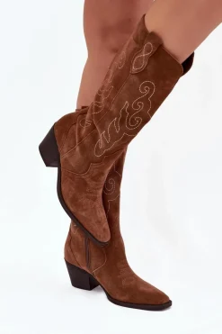 Zamszowe Kozaki Kowbojki Damskie Na Obcasie Camel Karira