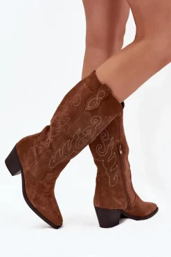 Zamszowe Kozaki Kowbojki Damskie Na Obcasie Camel Karira
