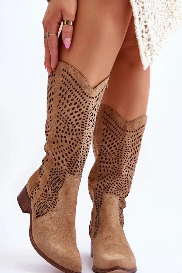 Zamszowe Kozaki Kowbojki Przed Kolano Lewski Shoes 3305 Beżowe