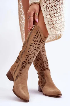 Zamszowe Kozaki Kowbojki Przed Kolano Lewski Shoes 3305 Beżowe