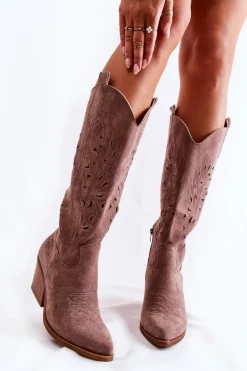 Zamszowe Kozaki Kowbojki Z Ażurowym Wzorem Brązowe Naya