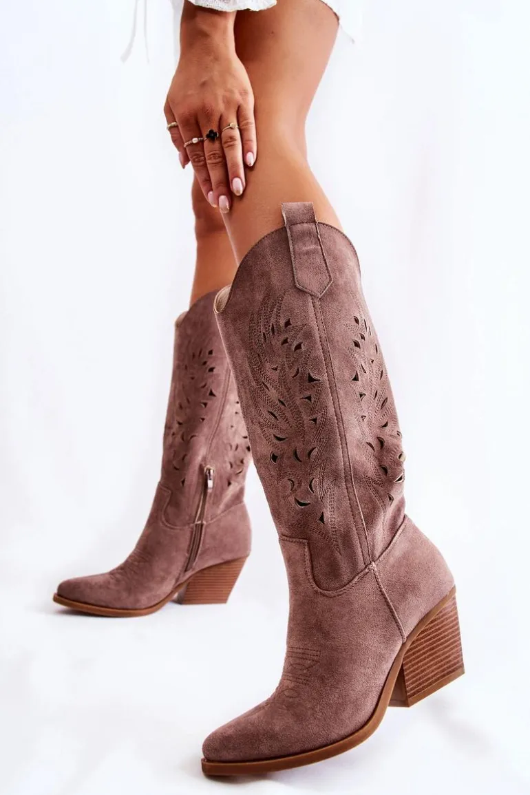 Zamszowe Kozaki Kowbojki Z Ażurowym Wzorem Brązowe Naya