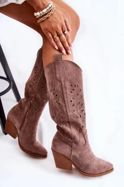 Zamszowe Kozaki Kowbojki Z Ażurowym Wzorem Brązowe Naya