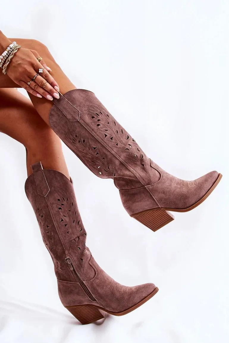 Zamszowe Kozaki Kowbojki Z Ażurowym Wzorem Brązowe Naya